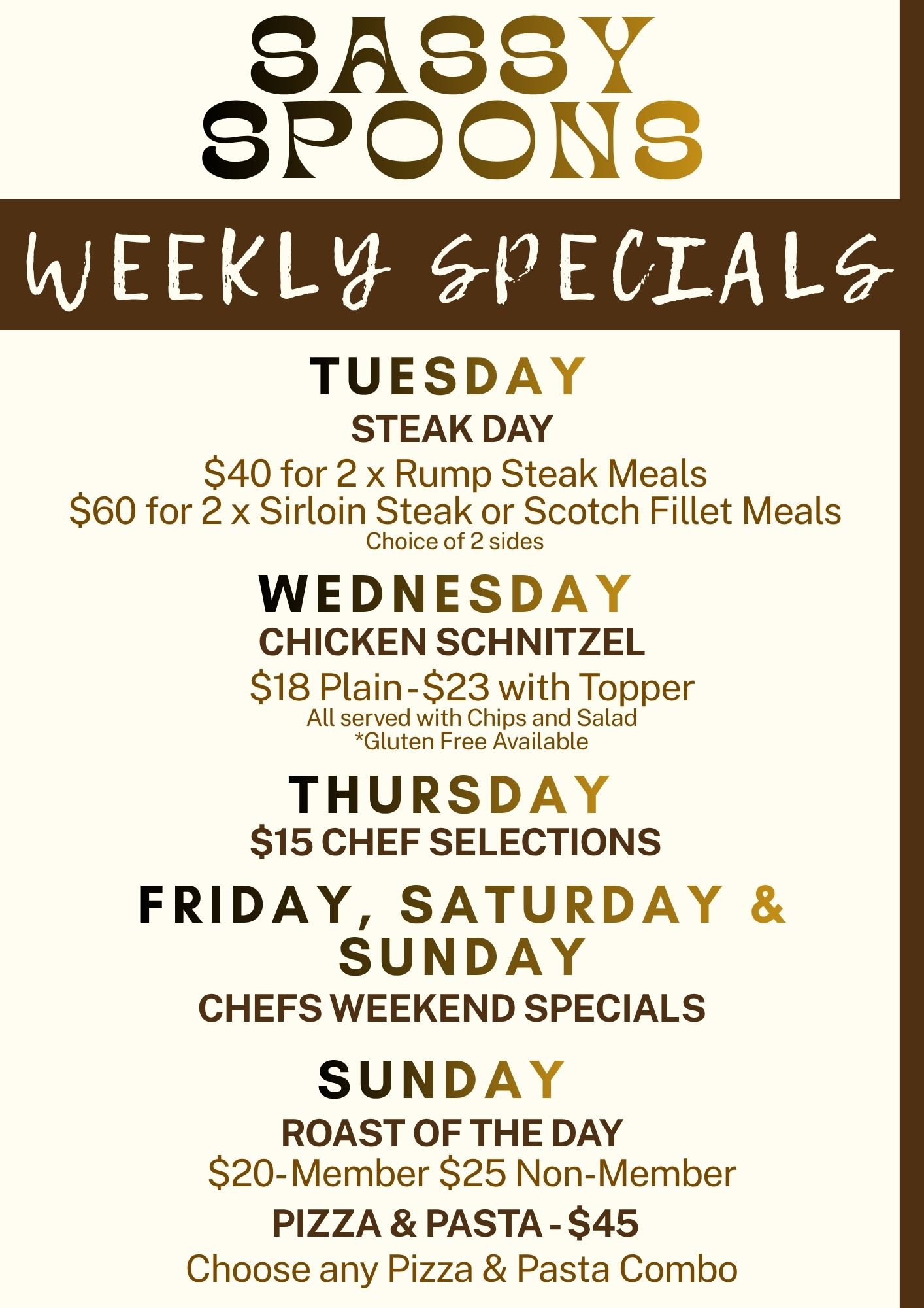 Sassy Spoons Weekly Specials Menu